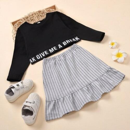 New Baby Girls Spring Autumn Cool Black Pullover Shirt + Knitted Ruffled Skirt Kids Children Party Performance Dress Suit