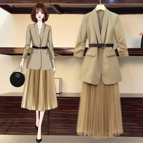 2021 autumn winter Fashion Blazer with Mesh Pleated Skirt Suit Set Formal Blazer Skirt Set Jacket Skirt Suits