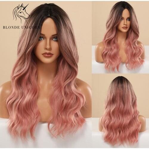 Blonde Unicorn Long Synthetic Wig Brown Root to Pink Middle Part Wigs Cosplay Daily Natural Wavy Heat Resistant Hair for Women