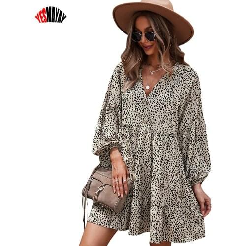 Lantern Sleeve Leopard Print Loose Women Dress 2021 Autumn Winter Casual V-neck Long Sleeve Button Mini Dress Ladies Elegant