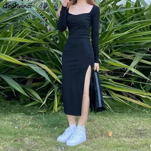 Dresses Women Shenth Long Sleeve Square Collar Mid-calf Split Design Slim Sexy Hip Hop All-match Vintage Gothic Korean Style New