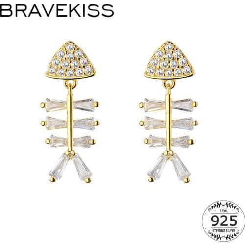 BRAVEKISS Gold Fish Bone CZ Cute 925 Sterling Silver Stud Earrings Fashion Jewelry for Women Earring accessories mujer BLE0639