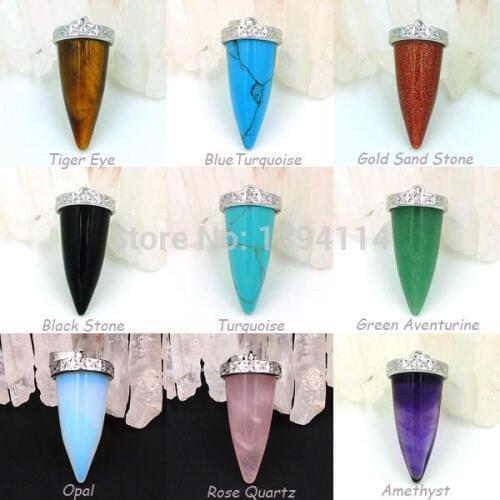 Mixed Stones Pink Quartz/Black Agat e/Tiger Eye Point Pendants Stones Glued With Copper Caps Of Plating Platina 30*14 mm