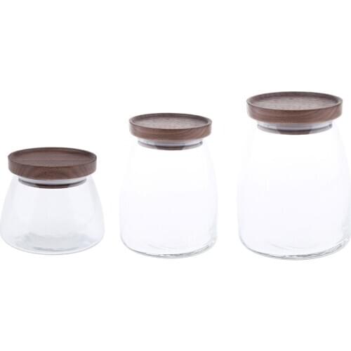 Glass Food Storage Jar Tea Coffee Snack Canister Tank W/ Walnut Wooden Lid
