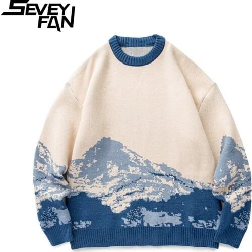 SEVEYFAN Mens Harajuku Snow Mountain Jacquard Sweater Loose O Neck Knitwear New Autumn Pullover Sweaters for Couples