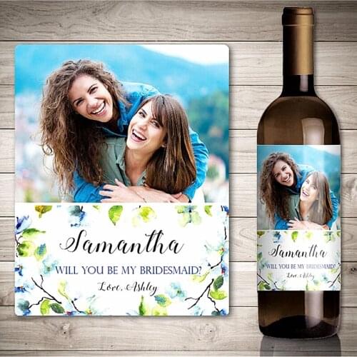 Ustom Photo Wedding Bridesmaids Wine Label,Personalized Green leaves in the field Wine Bottle Sticker,Thank You Bridesmaid Gifts