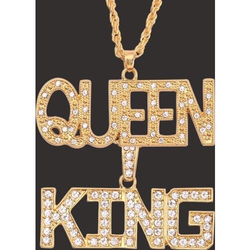 Hip Hop Jewelry Statement Women Men Rhinestone King Queen Letter Necklace Pendant Punk Style Gold Color Chain Necklace