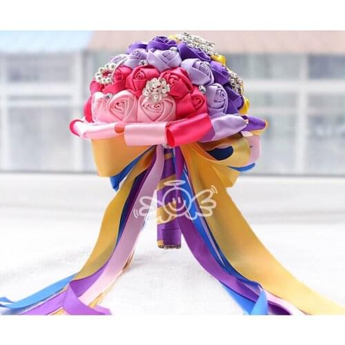 Handmade Crystal Pearl Brooches With Ribbon Wedding Bridal Bridesmaid Bouquet Home Decor Bride Multicolor Satin Rose Flower