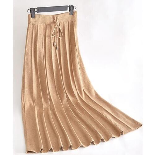 GIGOGOU 2020 Women Knitted Long Skirts Elastic Waist Pleated Maxi Skirts Tall Girl Autumn Winter Sweater Midi Skirts Faldas Saia