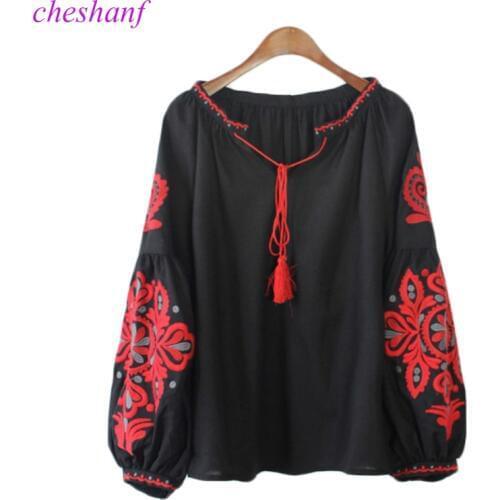 Cheshanf Ethnic Embroidery Floral Blouse Ladies Long Sleeve Women Shirts Female 2021 Vintage Tassel Lace Up Collar Blusa Mujer