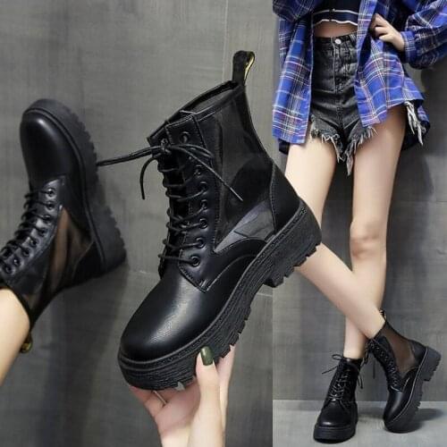 Women Motorcycle Boots Student Girl Shoes Mesh Fabric Breathable Lace Up Low heels Round Toe Flats Ankle boots Casual Shoes