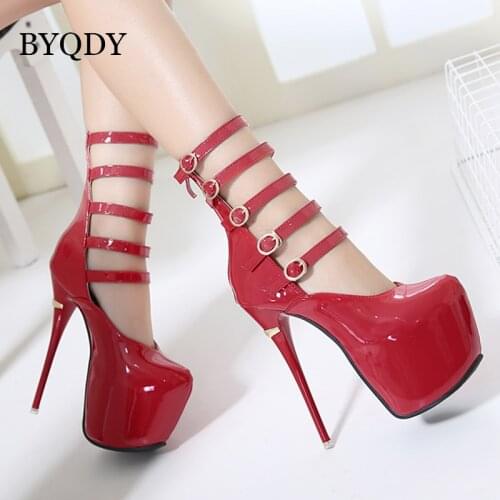 BYQDY Sexy Roumd Toe Wedges High Heels Pumps For Woman Buckle Strap Solid Black Red Patent Leather Shoes Spring Pumps Wholesale