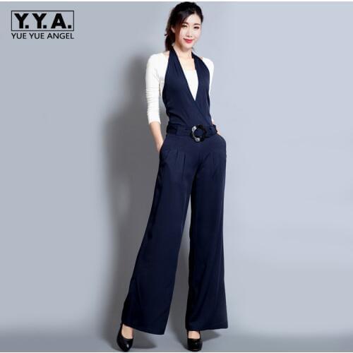 2020 Spring New Casual Trousers Black Slim Jumpsuit Wide Leg Pants Hanging Neck Bib Jumpsuit Ladies With Sashes Jumpsuits Loose