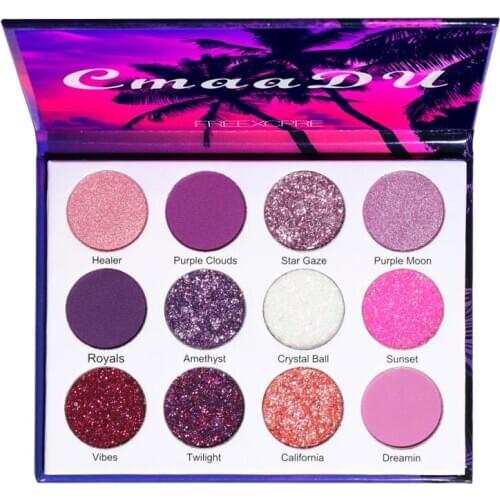 12 Colors Eyeshadow Makeup Pelette Purple Neon Pigments Matte Eyeshadow Palette Christmas Glitter Shiny Purple Cosmetics Powder