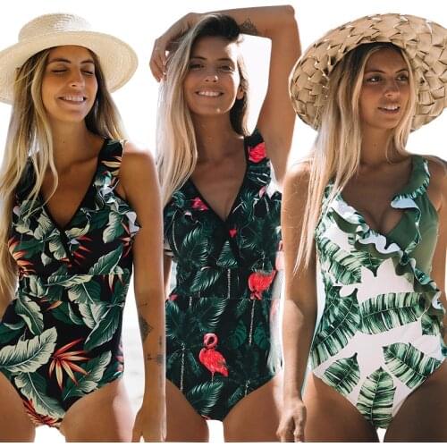 2020 Sexy Deep-V One Piece Swimsuit Women Bikini Vintage Floral One-Piece Suits Shoulder Ruffle Swimwear Lady Backless Monokini