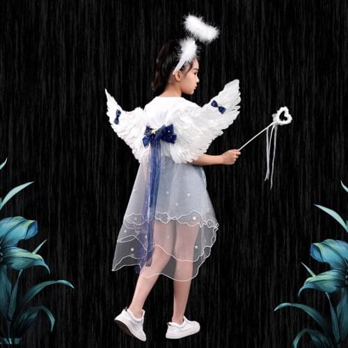 Childrens Performance Costume, Feather Angel Wings + Sequined Ribbon Bow + Veil for Christmas, Halloween
