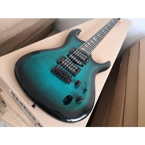 Free shipping 6 string electric guitar,Ultra-thin body,sunburst flamed maple veneer fixed bridge,HSH pickups,black buttons