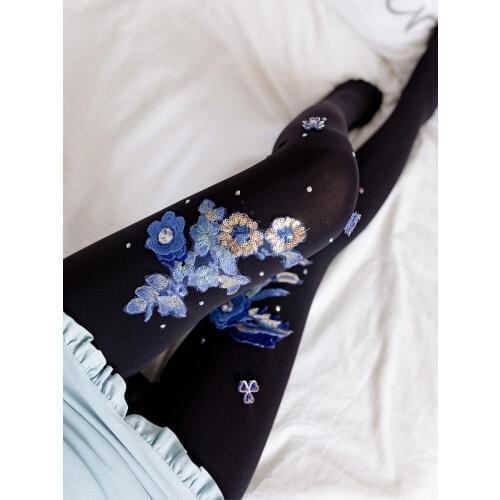 Lolita Pantyhose Blue and White Porcelain Embroidery Lace Beading Pantyhouse