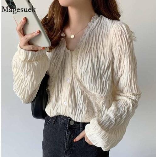 Sweet Lace Stitching Solid Color V-neck Blouse Women Elegant Button Up Long Sleeve Ladies Shirt Chic Pleated Tops Blusas 12641