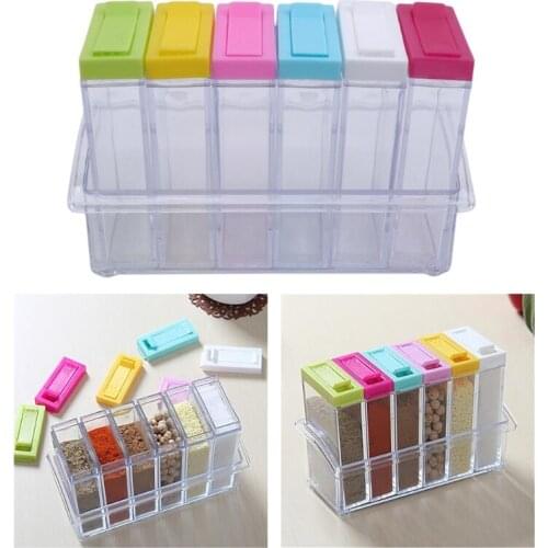 M5TA Set of 6 Transparent Spice Jar Set Salt and Pepper Seasoning Box with Lid Tray Kitchen Condiment Storage Container