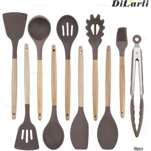 Silicone Kitchen Utensils Set Non-stick Kitchenware Cooking Tool Solid Wood Handle Spatula Spoon Kit Heat-resistant Accessories