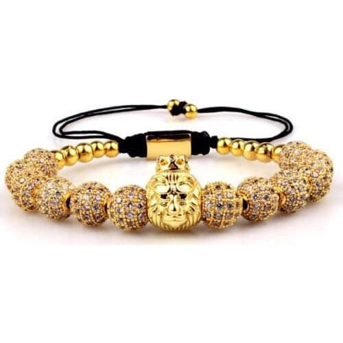 Monkey micro pave Copper gold silver metal cz Cubic Zirconia rope adjustable Beads Bracelet Charm Braided Bangles rtg2s