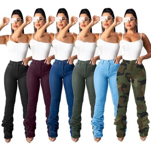 2020 Autumn Hottest Women Solid Color Denim Pants Streetwear Females Classical High Waist Bodycon Pleated Stacked Jeans