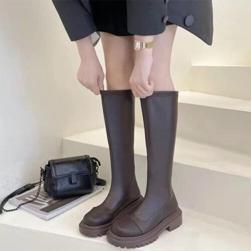 Autumn and winter new Korean version of the back zipper high-tube leather boots thick-soled thick-heeled knight boots