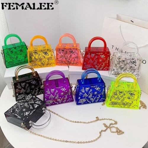 Clear Acrylic Jelly PVC Bag Luxury Trapezoid Box Transparent Handle Crossbody Bags Women Fashion Graffiti Candy Color Handbags