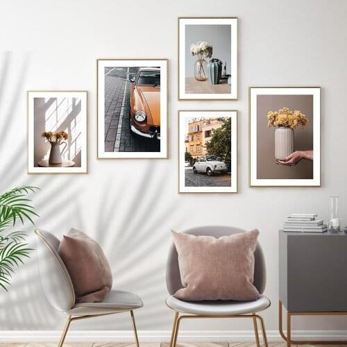 Scandinavian Retro Car House Vase Wall Art Canvas Painting Nordic Posters and Prints Wall Pictures for Living Home Decoration