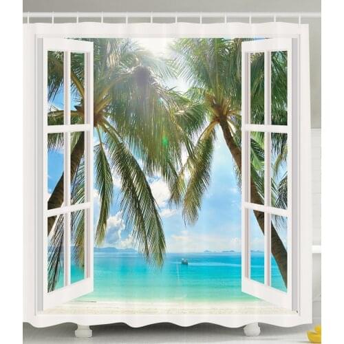 Ocean Decor Shower Curtain Palm Trees Tropical Island Beach Nature Paradise Wooden Windows Scene Bath Curtain For Bathroom