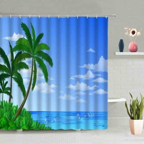 Ocean Scenery Shower Curtain Summer Beach Palm Tree Plant Boat Sunset Bathroom Decor Screen Waterproof Fabric Washable With Hook