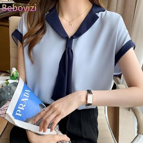 S-XXL 2021 New Korean Fashion Bow Tie Chiffon Summer Casual Puff Sleeve Blouse Tops for Women Office Lady OL Work Clothes