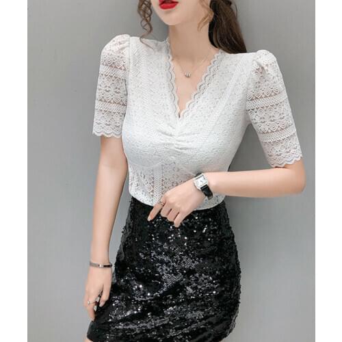 Womens Spring Summer Style Blouses Shirt Womens Embroidery V-neck Short Sleeve Hollow Out Short Sleeve Elegant Sexy Tops SP080