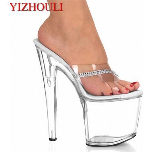 8 Inch High Heel Rhinestone Stilettos 20cm Ladies Fashion Sexy Crystal Shoes Hand Made Clear Summer Slippers