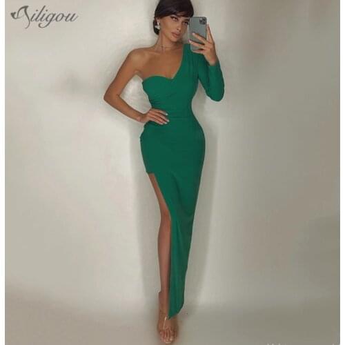 Ailigou New Christmas Elegant Long Sleeve One Shoulder Asymmetric Bodycon Lady Green Draping 2020 Sexy Party Dress Vestidos