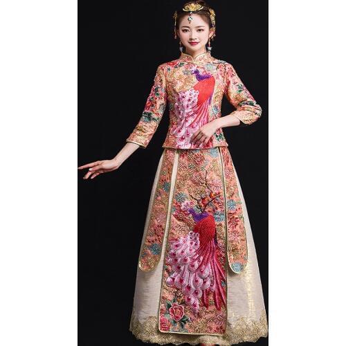 Oriental Style peacock gown Robe bride wedding Chinese cheongsam dress Unique Traditional costume show Suzhou embroidery Autumn