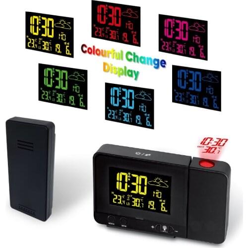 LCD Digital Projection Alarm Clock Radio-Control with Wireless Weather Station Projection Clock Date Dual Alarm Snooze Function