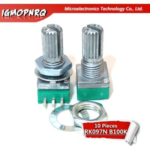 10pcs 3pin RK097N B100K 100K single linked potentiometer audio amplifier seal potentiometer handle length 15mm