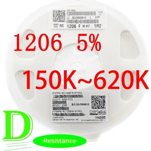 100PCS SMD Resistor 1206 5% RC1206JR-07 Series 150K 160K 180K 200K 220K 240K 270K 300K 330K 360K 390K 430K 470K 510K 560K 620K