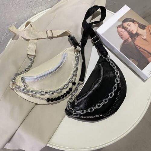 2021 Trend Solid Chest Bags for Women PU Leather Beaded Chain Fanny Pack Crossbody Pouch Multifunction Belt Bag Packs