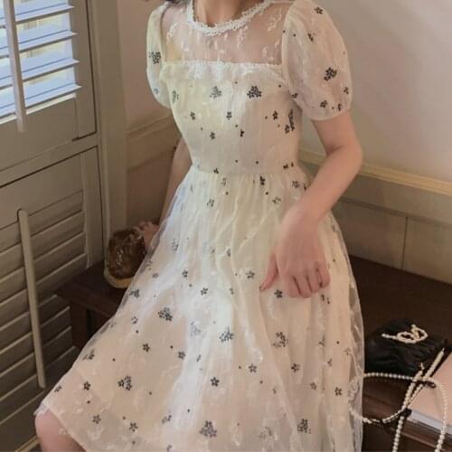 Bella 2021 Elegant Vintage Print Dresses Women Kawaii Sweet Patchwork Bubble Sleeve Dress Pretty Romantic Summer Light Dress