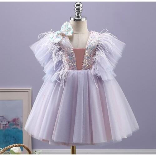 Kids Princess Dresses for Girls Children Feather Sequined Dress Toddler Birthday Party Ball Gown Baby Tulle Boutique Clothes
