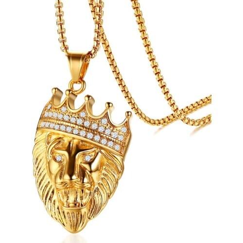 Domineering Stainless Steel Hip Hop Lion Head Pendant Necklace Men Inlay Bling Rhinestone Zircon Necklace Jewelry for Tidal Men