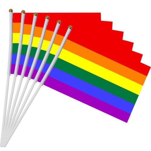6pcs 30x21x14cm rainbow flag polyester hand waving flags with Plastic Flagpoles banner Parade lgbt lesbian guy right ensign