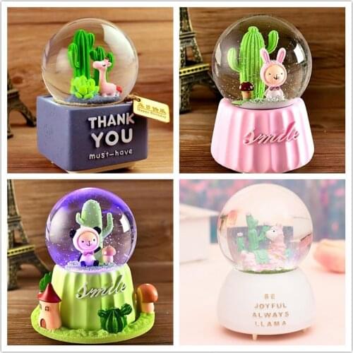 Crystal Ball Music Box Cactus Flower Birthady Gifts Star Glowing Snowflakes Music Box Home Decoration Desktop Ornament