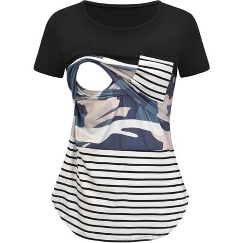 Summer Pregnant Woman Breastfeeding Blouse Striped Patchwork Short-sleeve Camouflage Nursing T Shirt Casual Maternity