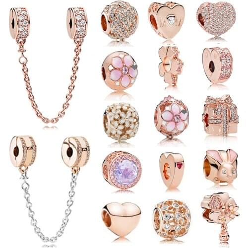 NEW 100% 925 Sterling Silver 1:1 Authentic Charm Rose Gold Daisies Heart-Shaped Rabbit Beaded Safety Clip Safety Chain