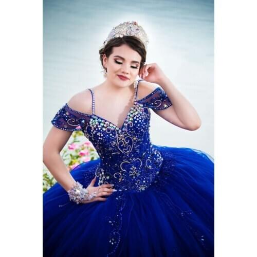 Royal Blue Beads Crystal Quinceanera Dresses Puffy Skirt Vestidos Para XV Años Sweet 16 Dress robe de soirée
