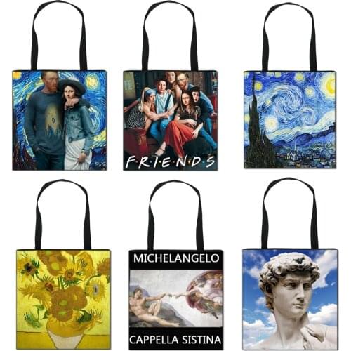 Van Gogh / Michelangelo Art Painting Casual Totes Women Handbags Starry Night Sunflower Lady Shoulder Bags Girls Shopping Bags